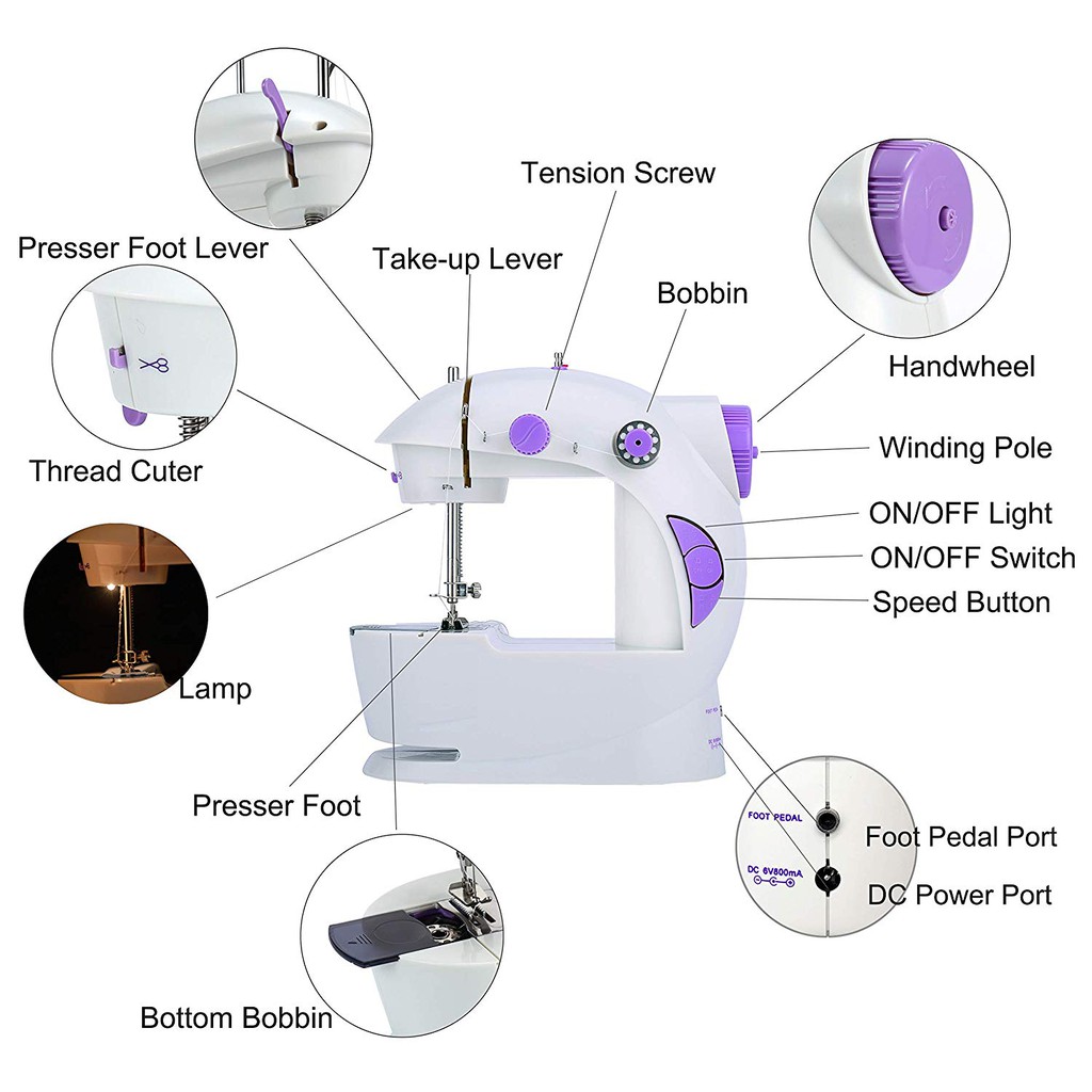 Máy may mini cầm tay nhỏ gọn nhẹ có bàn gấp , bàn đạp , công tắc đẩy