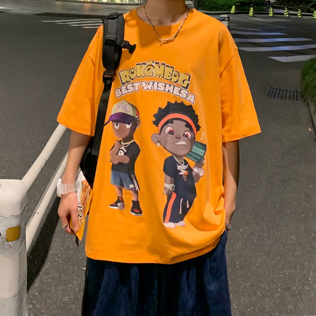 Áo Thun Tay Ngắn Dáng Rộng In Hoạt Hình Kiểu Hồng Kông Thời Trang Mùa Hè Cho Nam