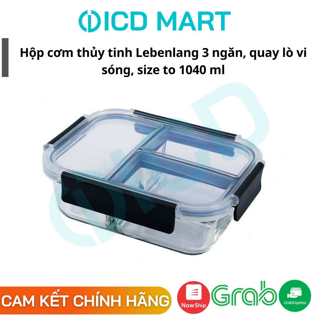 [THANH LÝ HÀNG LỖI] Hộp cơm thủy tinh văn phòng 3 ngăn, NHẪN HIỆU ĐỨC LEBENLANG, CHỊU NHIỆT 120 ĐỘ