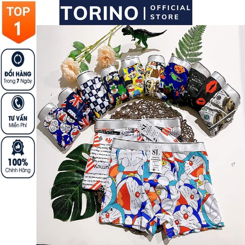 Quần lót nam boxer in hình, sịp đùi nam thun lạnh họa tiết hoạt hình Doremon, Shine, siêu nhân, lá cờ