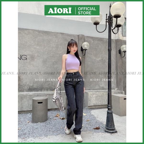 [Cao Cấp - Dài 105 cm] Quần Jean Nữ Ống Rộng Cao Cấp Kẻ Sọc Dọc Thời Trang Hàn Quốc Aiori Jeans_Mã S325