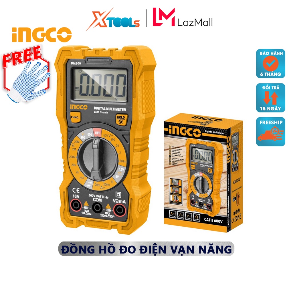Đồng hồ đo điện vạn năng INGCO DM2002 | Đồng hồ vạn năng Màn hình LCD 2000 số đếm Chỉ thị số DCV 200mV/2V/20V/200V/600V