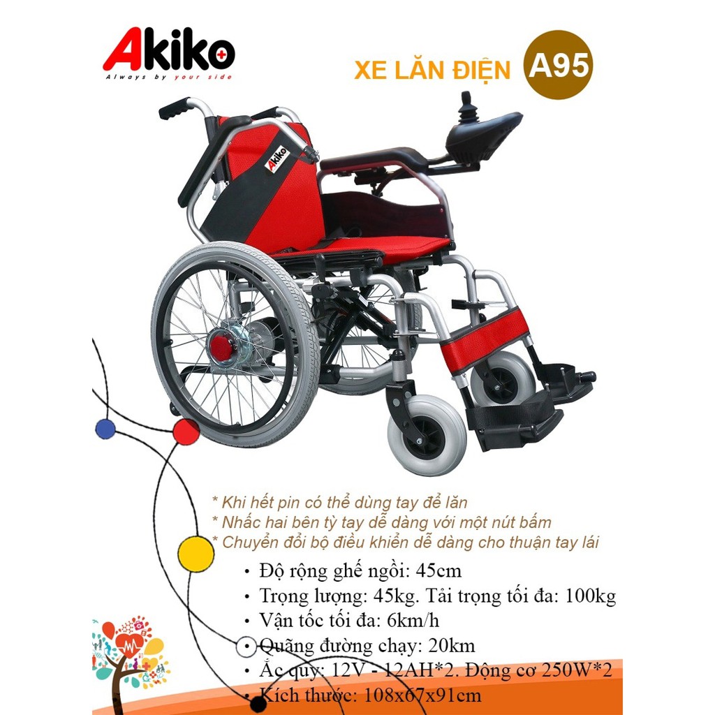 Xe lăn điện Akiko A 95 hai bộ đệm xanh và đỏ