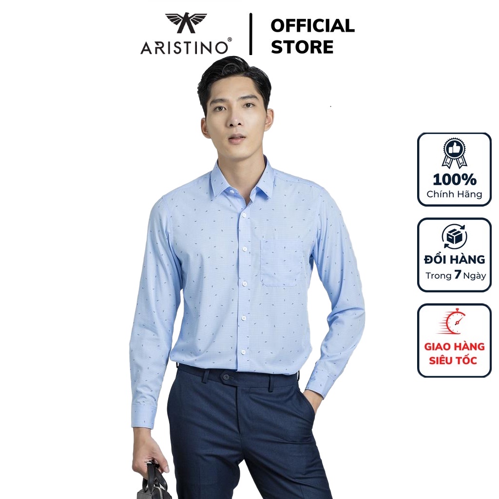Áo sơ mi nam dài tay ARISTINO ALS22201 somi công sở vải sợi tre cao cấp mềm mát màu xanh in họa tiết dáng suông có túi