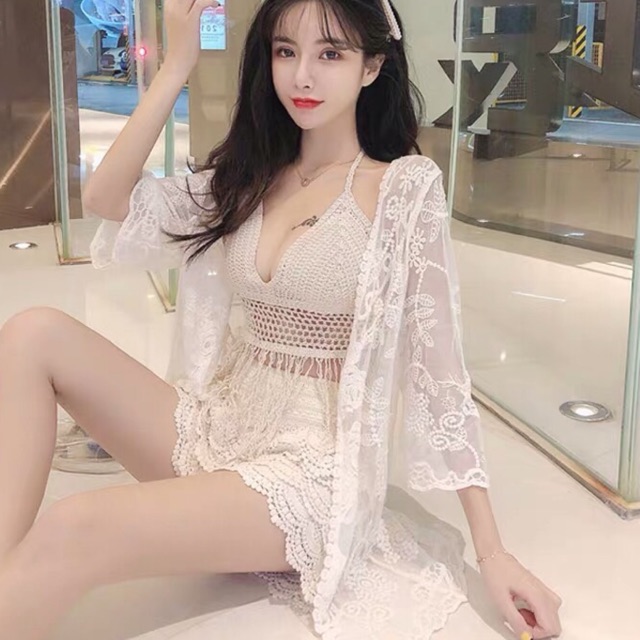 03-Set bikini ren 3 món đi biển - áo bra- quần sóc- áo choàng ( CÓ BÁN RỜI)