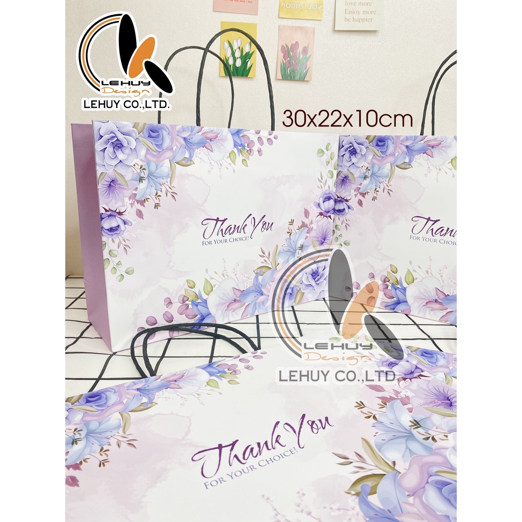 10 Túi giấy ngang lớn đựng quà in họa tiết hoa màu tím KT 30X22X9.5 CM