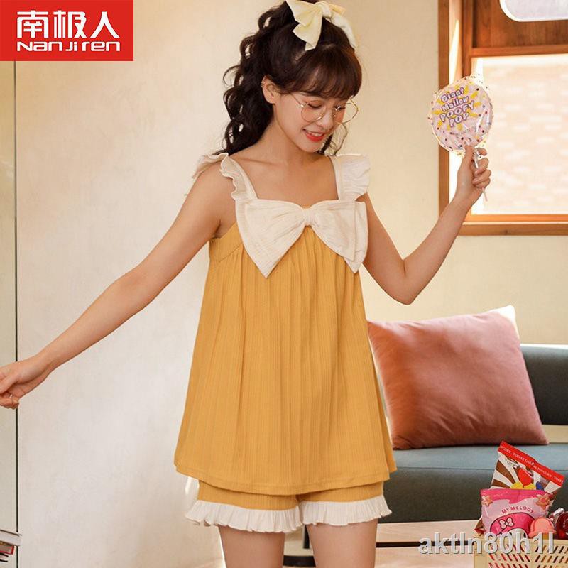 Nam Cực áo vest pyjama của phụ nữ quần soóc dây treo cotton hai mảnh dễ thương ngày phục vụ tại nhà phần mỏngQ