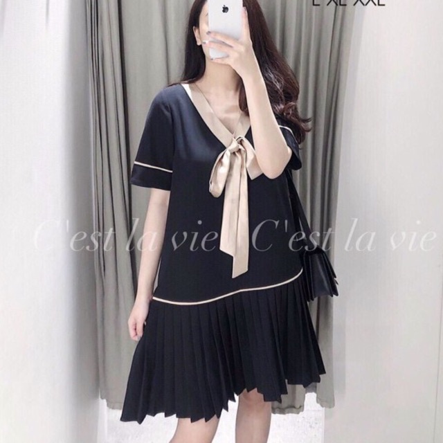 Đầm suông đuôi cá xếp li, đầm suông cổ V bigsize, đầm bầu (55-80kg)