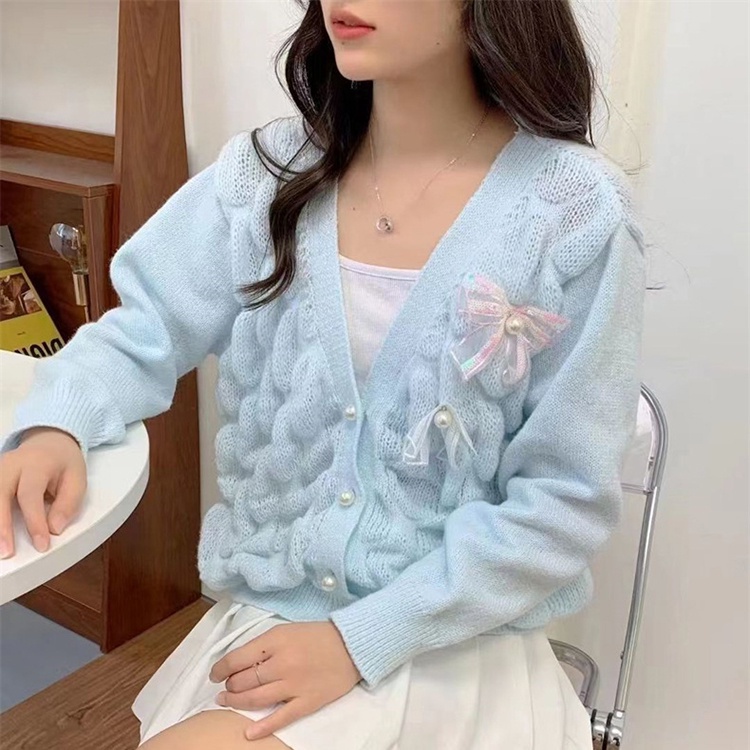 Áo dệt kim IELGY tay dài dáng rộng cổ chữ V phối thắt nơ xinh xắn cho nữ