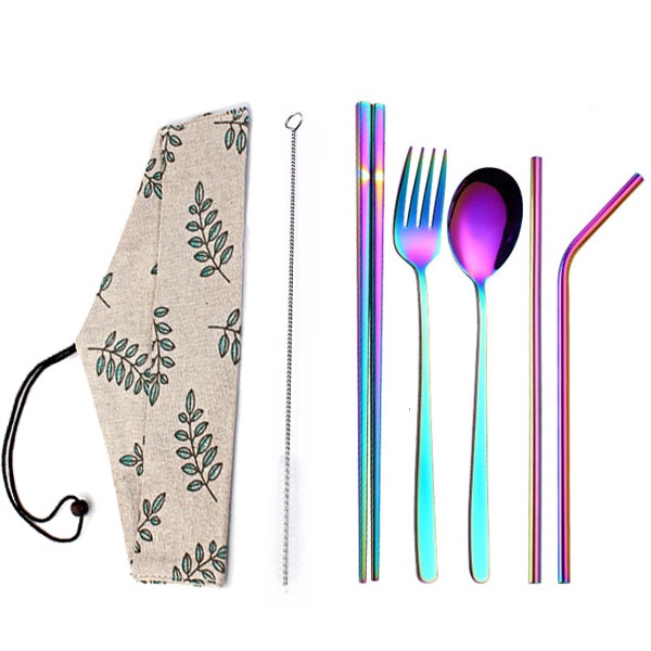 Bộ 7 món đũa muỗng nĩa ống hút inox kèm túi, làm từ chất liệu thép không gỉ 410