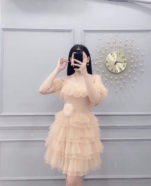Đầm lưới dập ly xoè 8 tầng kèm hoa trà -MS53Y- Size M L đến 58kgMM MM