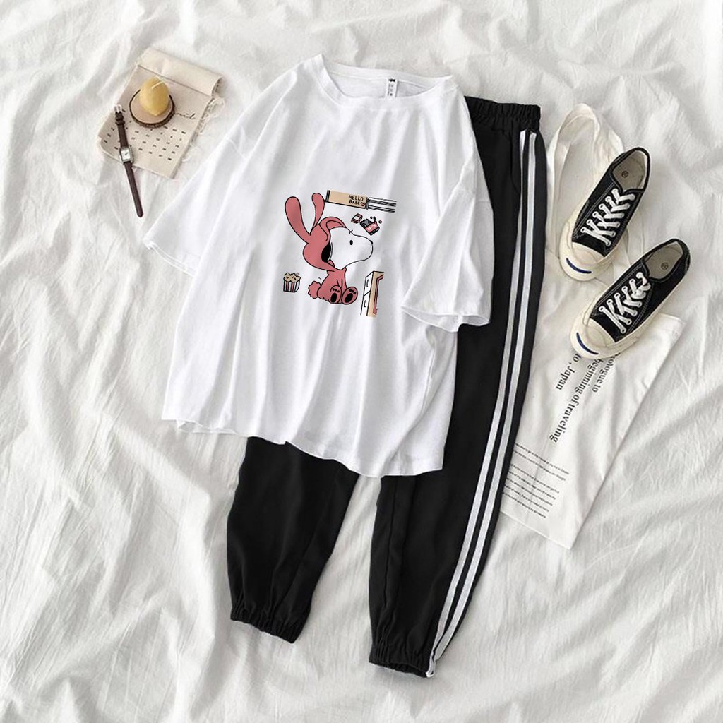 Set Jogger Line Phối Thun Unisex Hello Base, Set quần thể thao sọc phối áo phông in hình dễ thương - S10