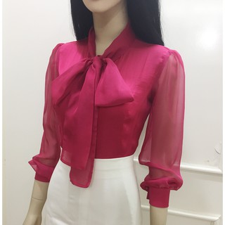 Áo sơ mi hồng thắt nơ💖Ảnh thật💖Áo hồng tay voan thắt nơ