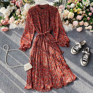 Váy maxi hoa nhí dập ly kèm đai