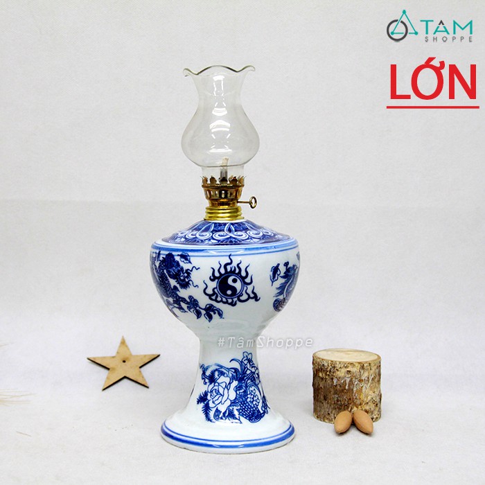 [HÀNG CAO CẤP] Đèn dầu cổ Việt Nam xưa gốm họa tiết Long Phụng xanh