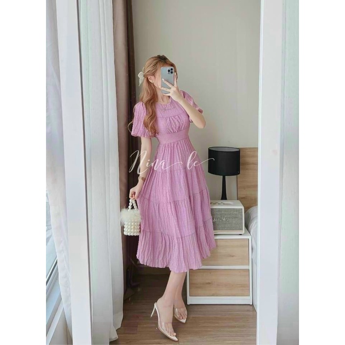 Đầm Nữ Thời Trang Mặc Đi Chơi, Đầm Xốp Phồng Cổ Tròn Tay Ngắn Xếp Ly 4 Màu Xinh Xắn