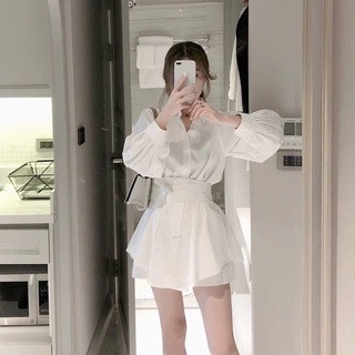 Set váy nữ áo sơ mi kèm đai buộc, bộ đồ nữ hack dáng, tạo eo thon gọn vải đũi mát