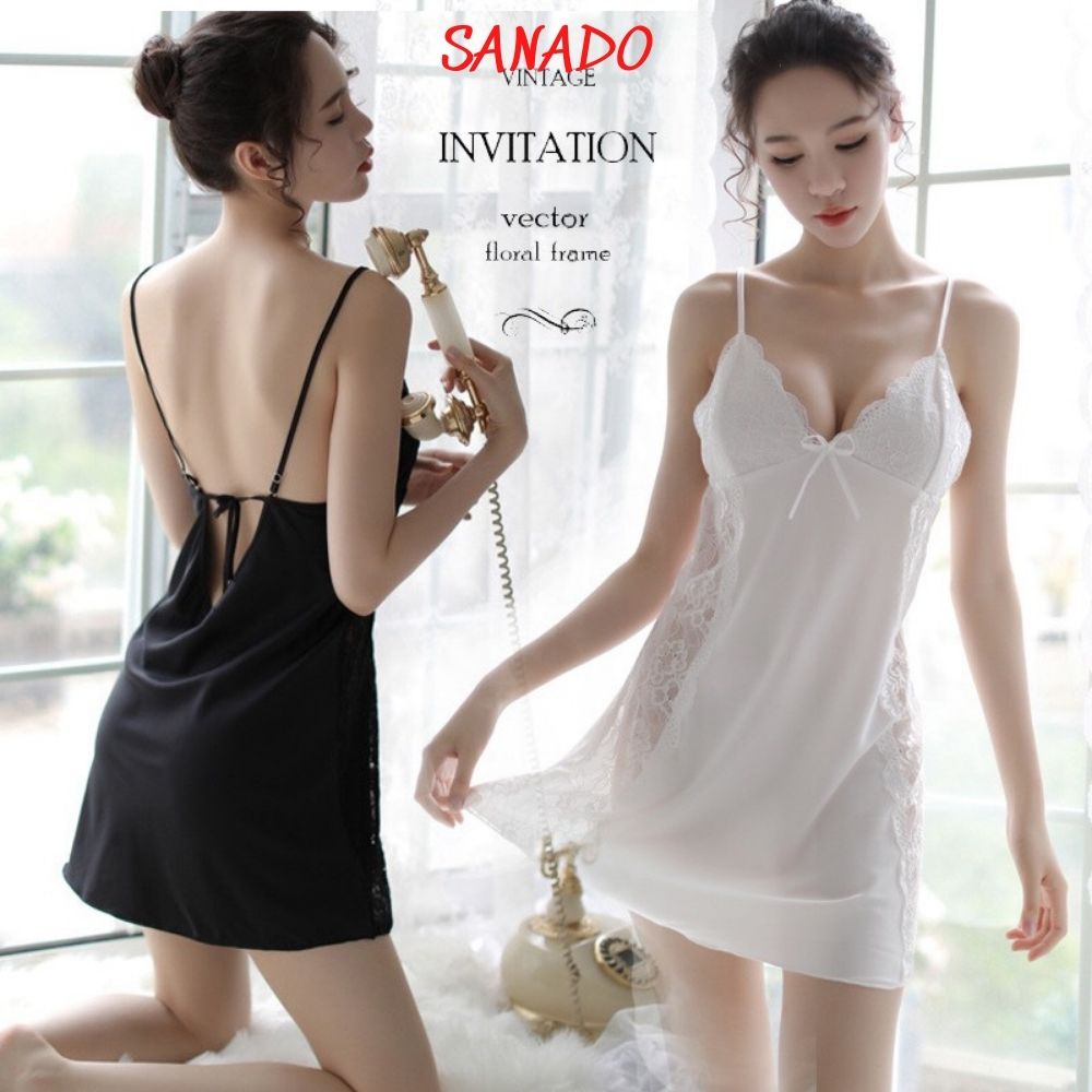(V02.T) Váy ngủ lụa ren hai dây sexy cao cấp, đầm mặc nhà gợi cảm quyến rũ - SANADO