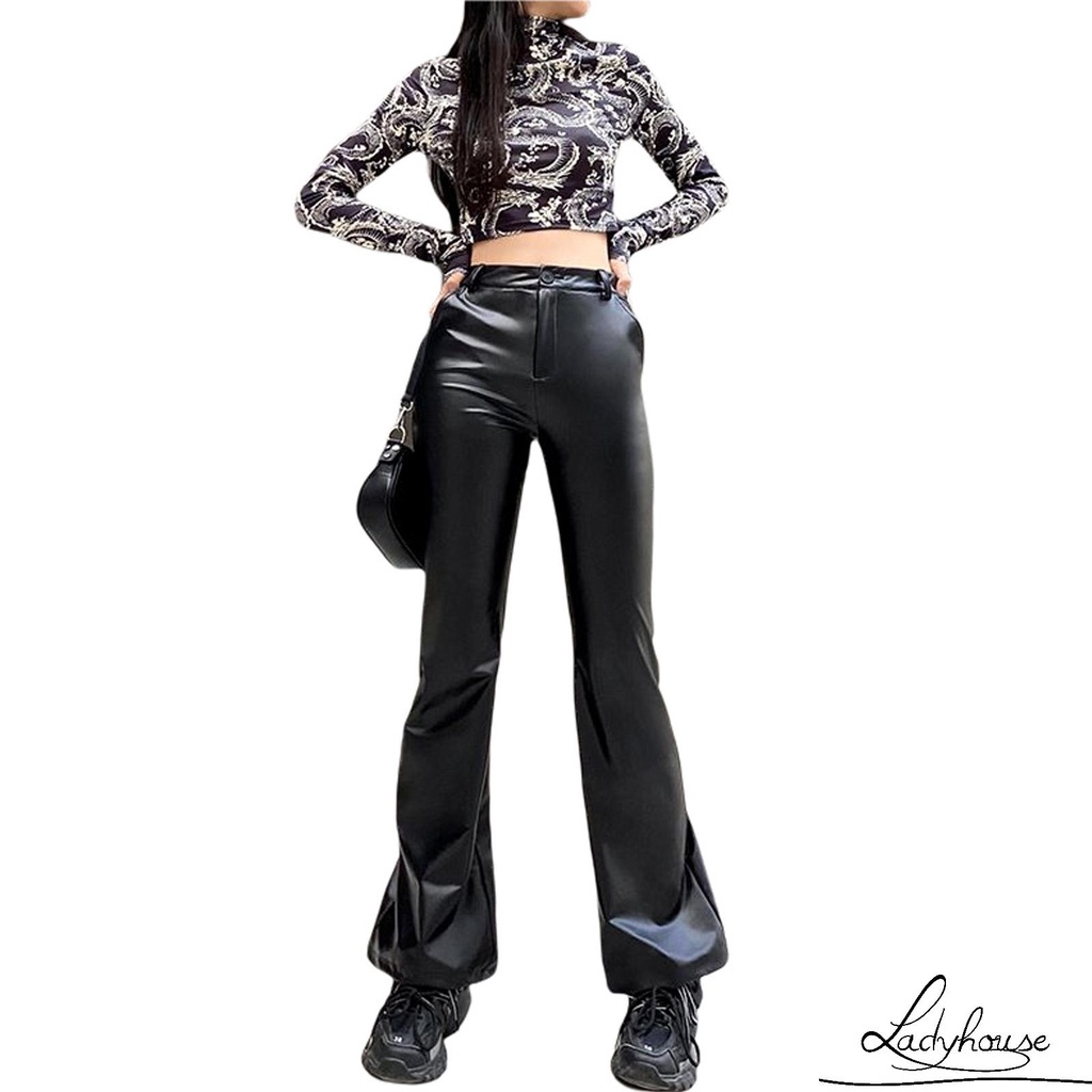 Quần da PU ống rộng lưng cao phối túi thời trang cho nữ