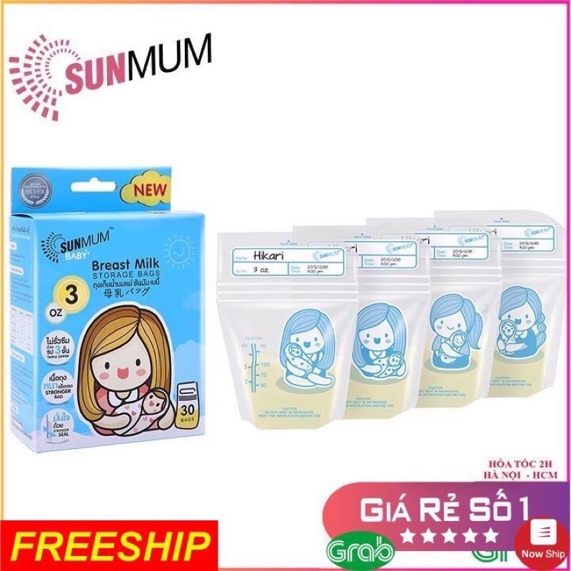 Combo Túi zip bảo quản + 01 hộp túi trữ sữa Sunmum Thái Lan 250ml, 100ml