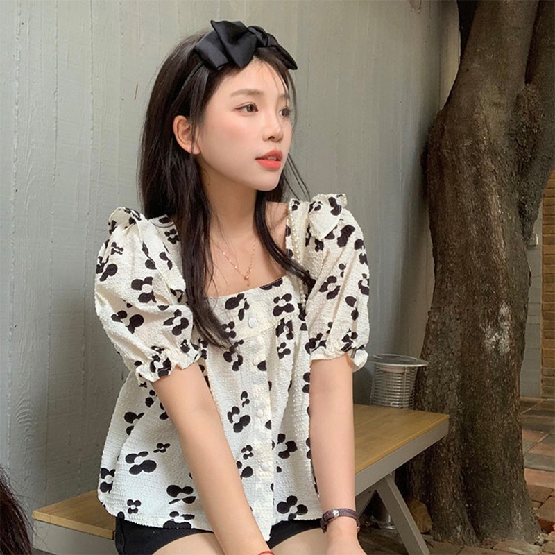 Áo kiểu IELGY cổ vuông tay ngắn phối bèo in họa tiết hoa thời trang Pháp cho nữ