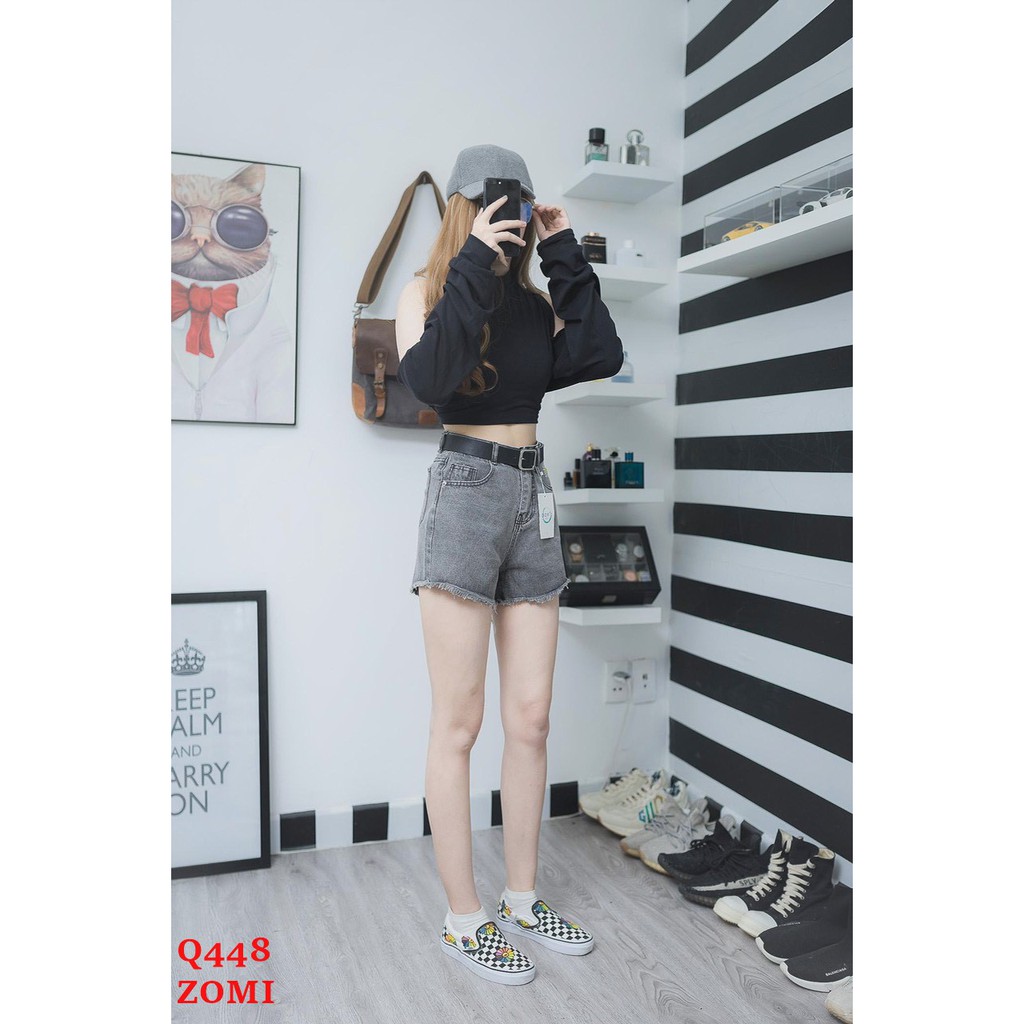 Quần short jean nữ xám tro bông cúc cá tính ZOMI Q448