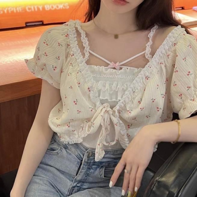 Set áo hai dây nữ trơn ren kèm áo khoác cardigan tay ngắn buộc ngực croptop hoa nhí - Order taobao quảng châu
