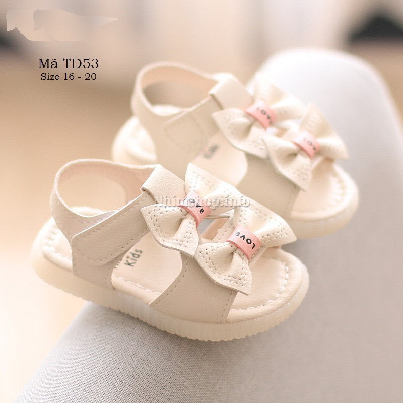 Dép tập đi sandal bé gái họa tiết nơ có quai dán trắng hồng dễ thương phù hợp cho trẻ em 6 tháng đến 1 tuổi TD53