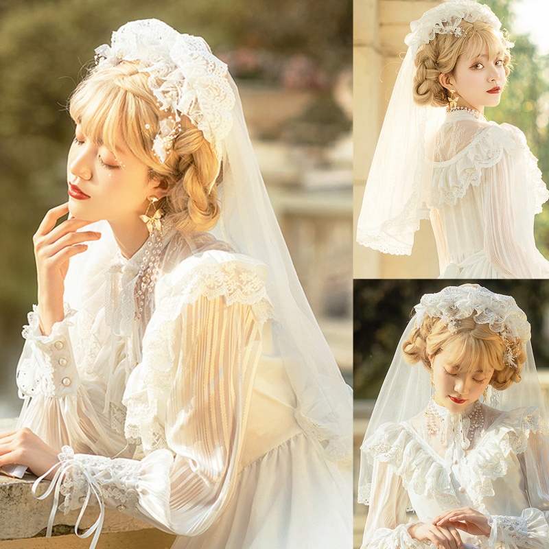 Mạng Che Mặt Một Lớp Màu Trắng Đen Phong Cách Lolita Cho Cô Dâu