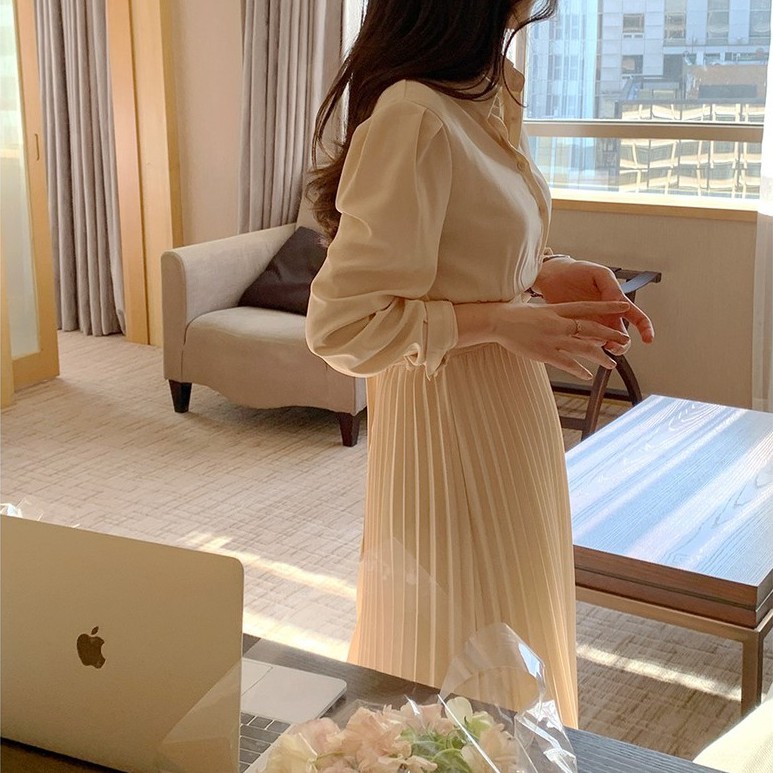 Đầm sơ mi chic dài tay dáng xòe xếp ly màu quả mơ Hàn Quốc