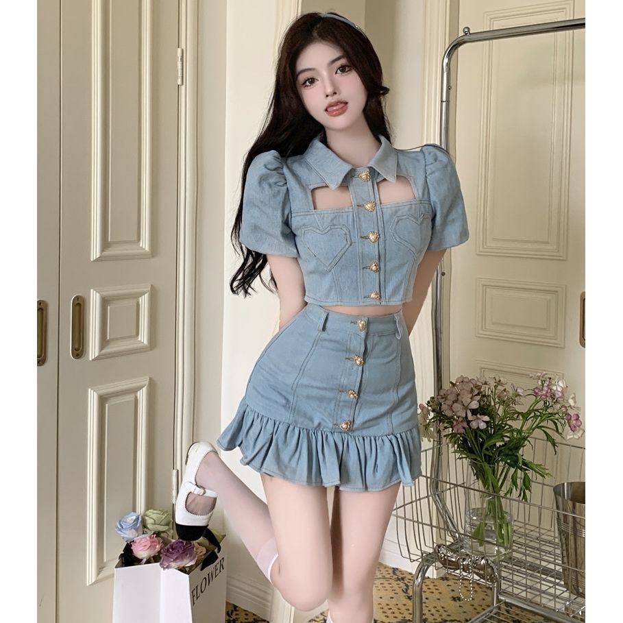 Jiashucheng Set Áo Và Chân Váy Denim Mùa Hè 2023 Phong Cách Hồng Kông Ngọt Ngào Cho Nữ
