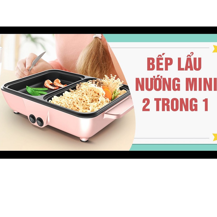 Nồi Lẩu Nướng 2 trong 1, Bếp Lẩu Nướng 2 ngăn MÀU HỒNG Siêu Chống Dính Đa Năng - Bếp lẩu nướng mini, Nồi lẩu 2 ngăn