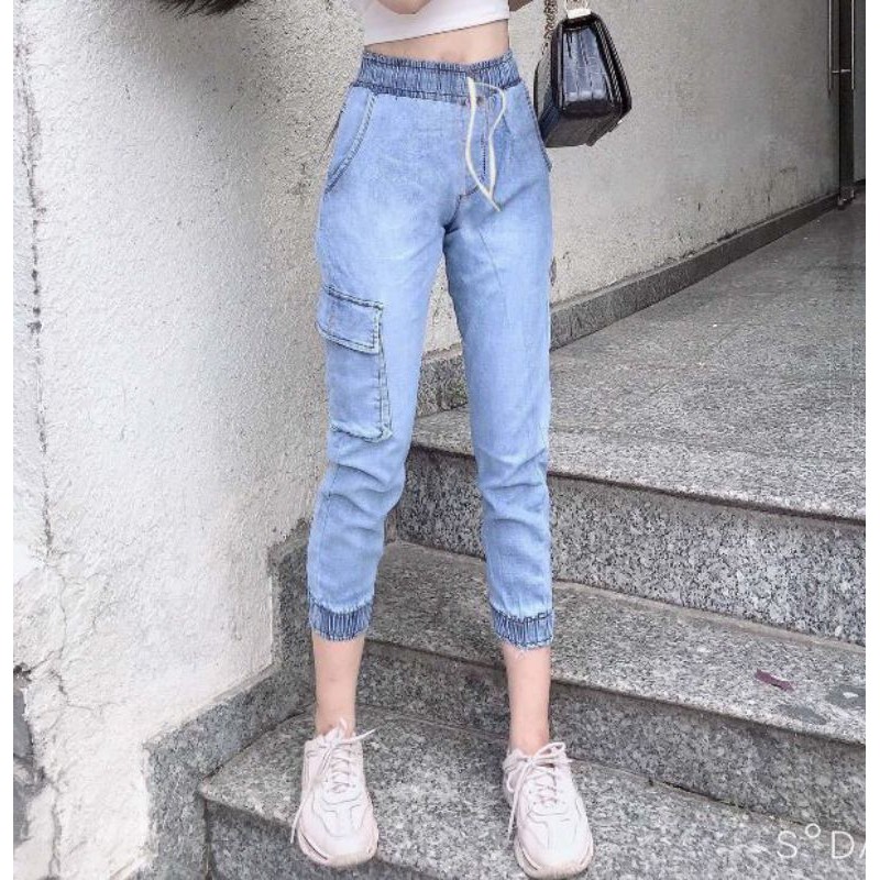Quần jean jogger, túi hộp lưng thun_ Quần jean 9 tấc