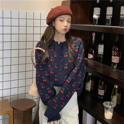 Áo khoác cardigan dệt kim in hình quả cherry ngọt ngào thời trang mùa thu