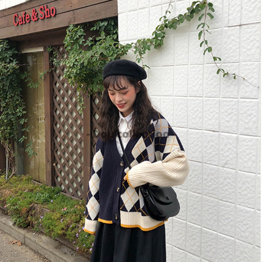 [Nowship2h] Áo Khoác Cardigan Form Rộng Họa Tiết Caro, Áo Khoác Len Thời Trang Thu Đông - Mã TA041