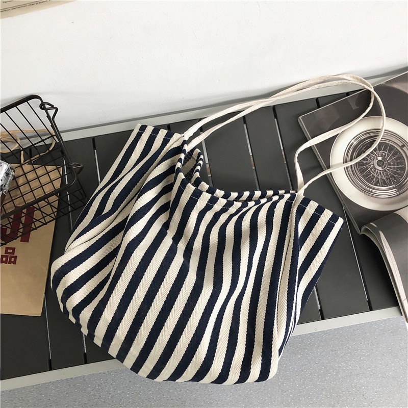 Túi Xách canvas Họa Tiết Kẻ Sọc Cỡ Lớn Phong Cách Hàn Quốc Thời Trang Cho Nữ kf106