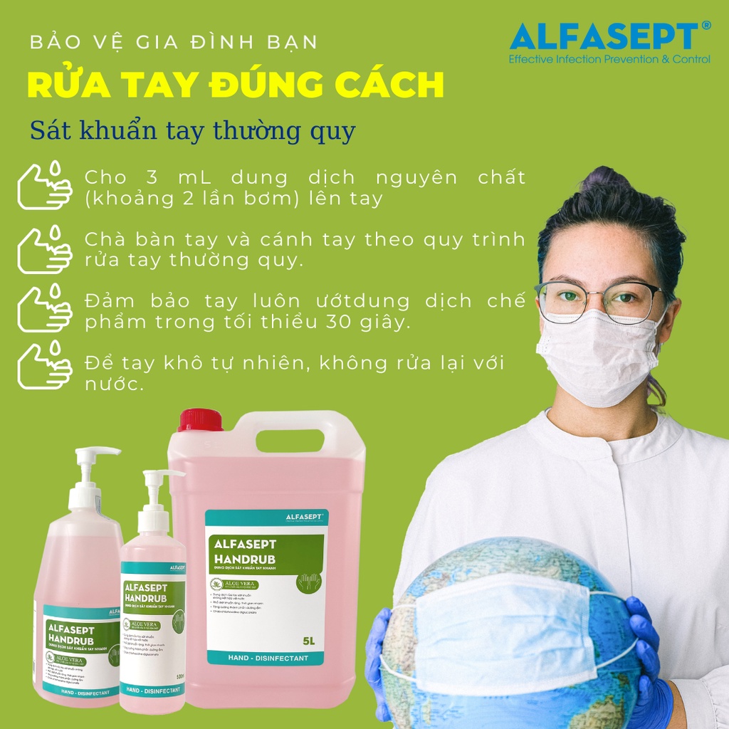 Nước Rửa Tay Khô ALFASEPT Handrub Thân Thiện Với Da, Giúp Diệt Khuẩn Nhanh Chóng Và Hiệu Quả Lọ 1L