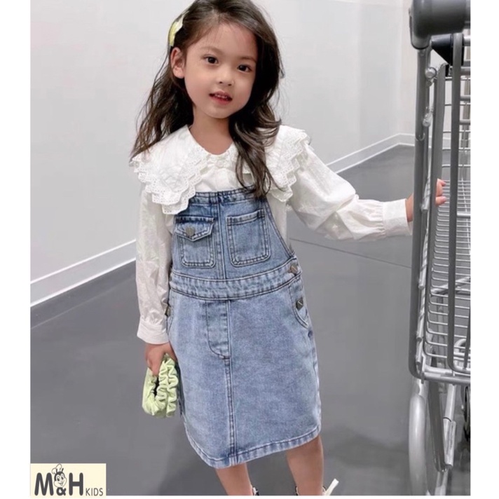 Bộ Yếm Bò Kèm Áo Sơ Mi Cổ Ren Cực Sang Chảnh Cho Bé Gái NIAKI - TT58