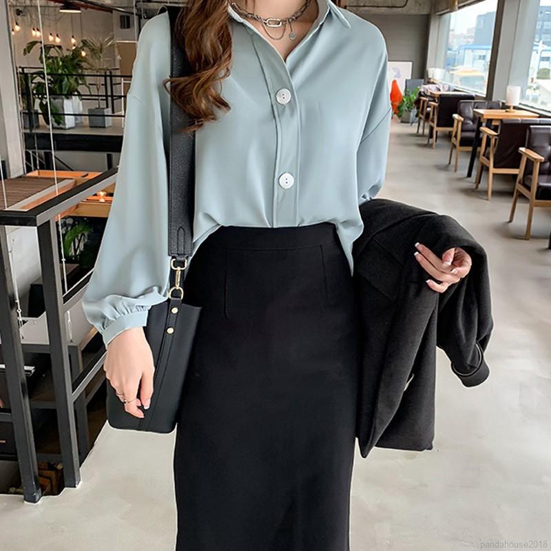 FREESHIP ĐƠN 99K_ Women Blouse Áo chiffon dáng rộng màu trơn tay dài phong cách Hàn Quốc