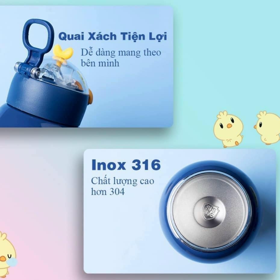 Bình Nước Giữ Nhiệt 2 Lớp 420ml - Lõi Inox - Mẫu Hình Vịt Dễ Thương Cute - Chất Liệu An Toàn