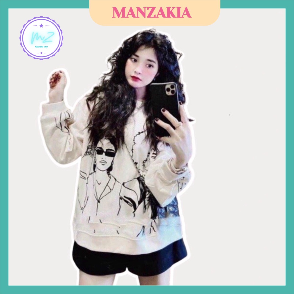 Áo nỉ áo sweater trần bông tay bồng ullzang in hình cô gái Manzakia | BigBuy360 - bigbuy360.vn