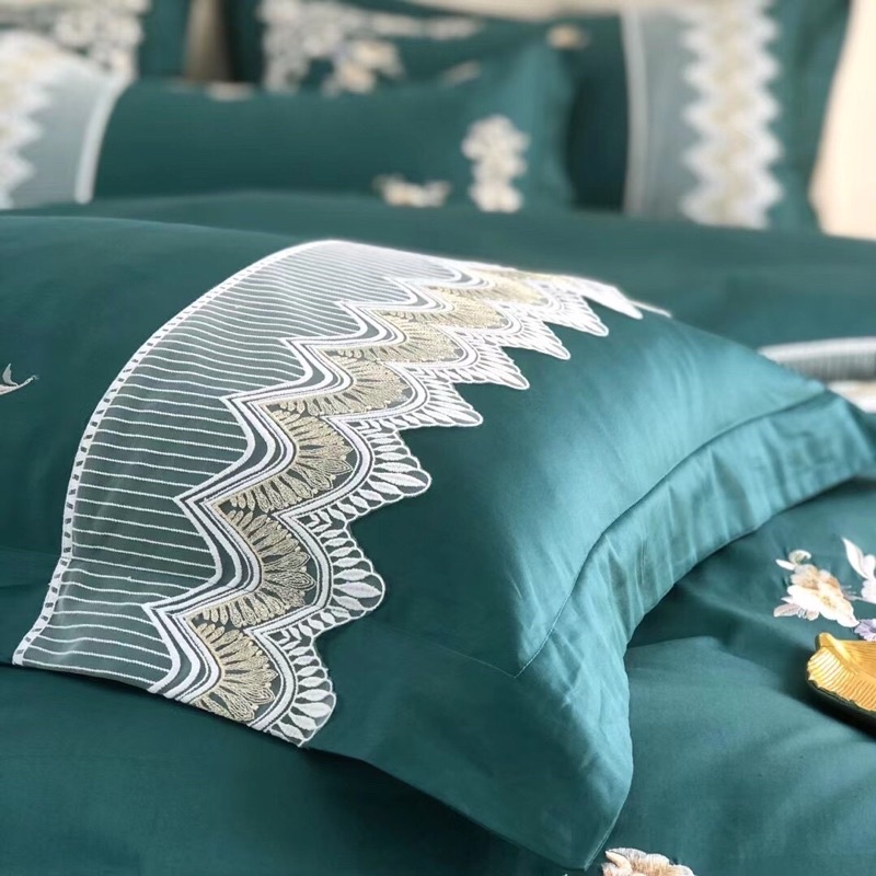 Bộ 4 món vỏ chăn ga gối Lụa Satin cao cấp xanh phối ren