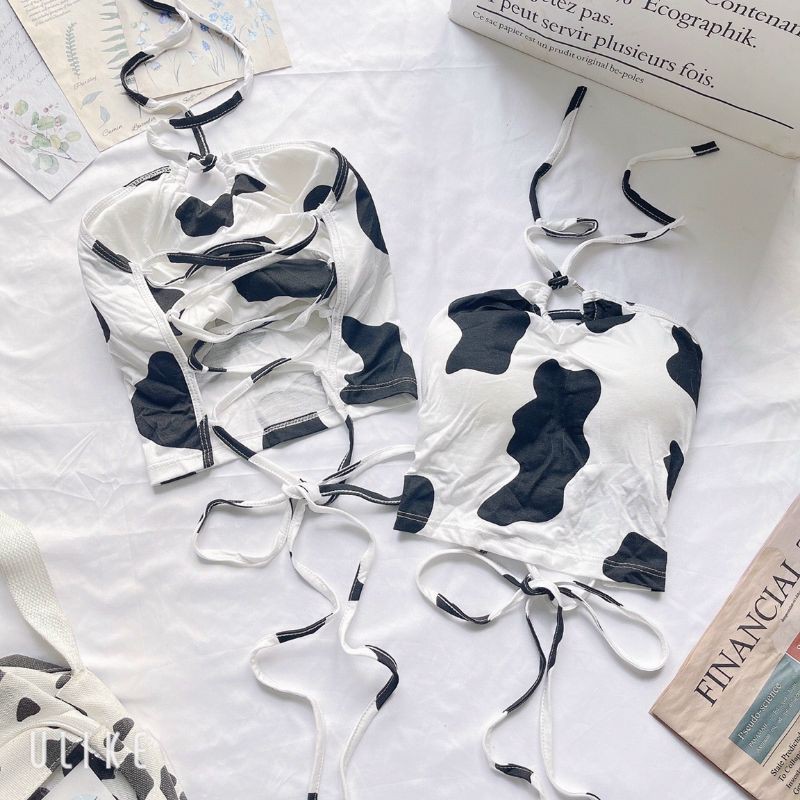 Áo croptop yếm chéo dây bò sữa