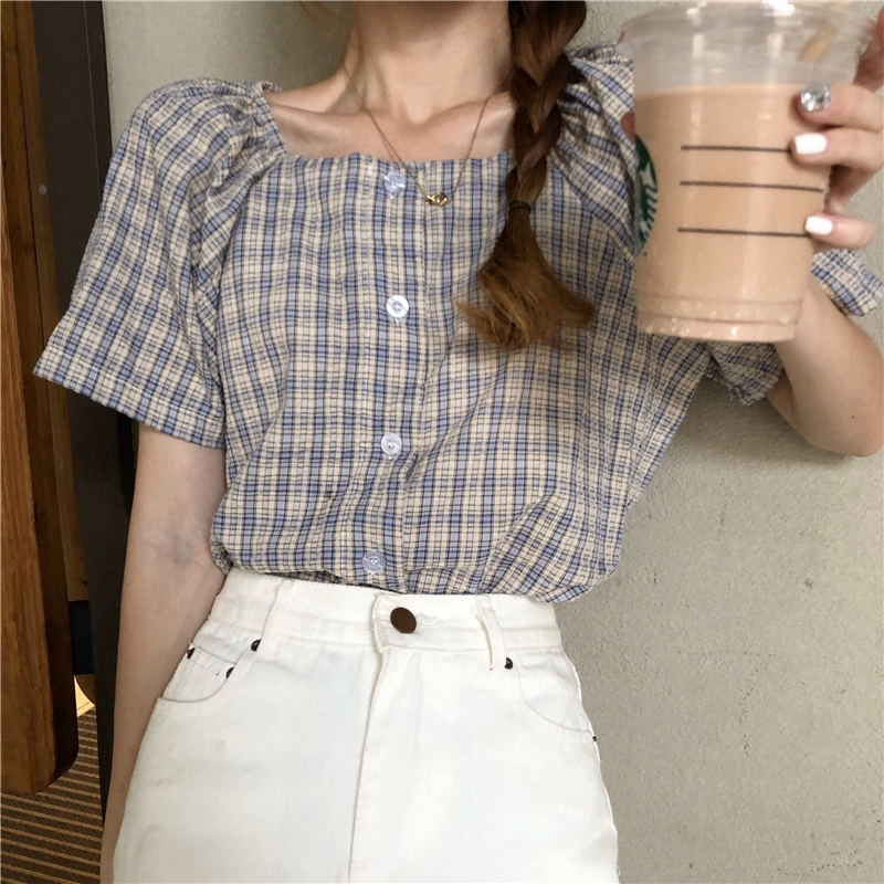 Áo Kiểu Cổ Vuông Tay Phồng Kẻ Sọc Thời Trang Mùa Hè Cho Nữ