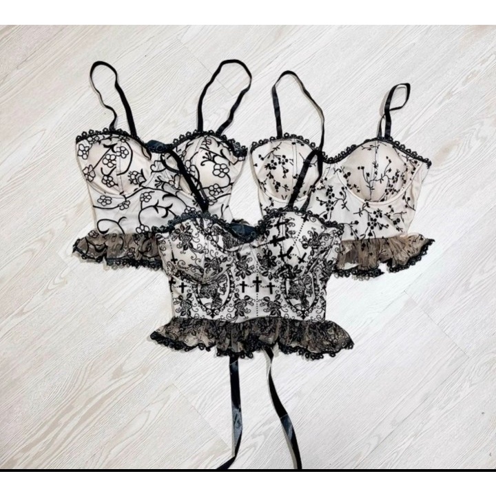 Áo croptop đan dây lưng phối lưới thêu họa tiết viền bèo có mút ngực hàng y hình + Clip chính chủ