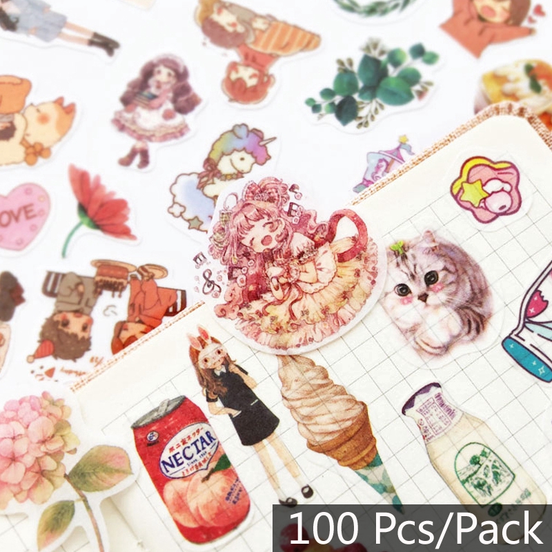 Bộ 100 Miếng Sticker Họa Hình Dễ Thương Kiểu Hàn Dán Trang Trí Điện Thoại Di Động/Nhật Ký