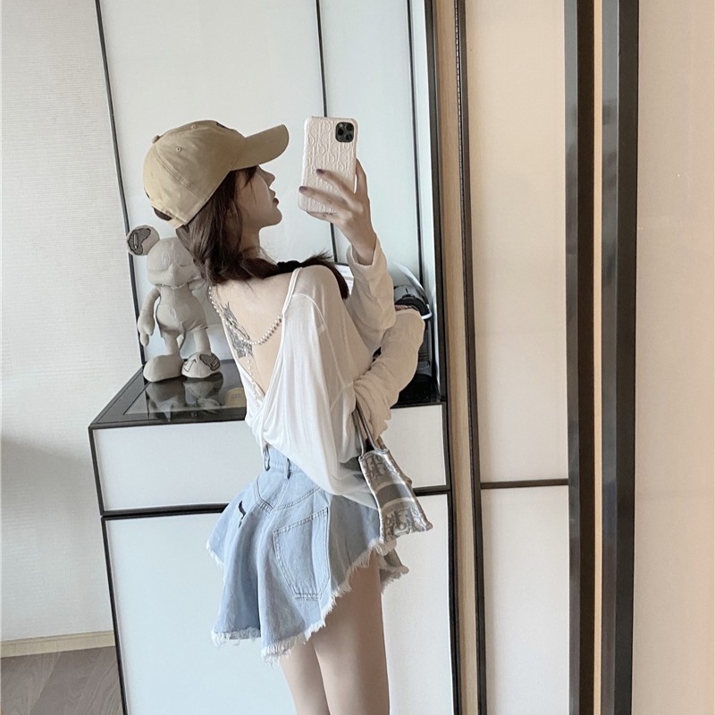 Áo Thun Tay Dài Hở Lưng Phối Dây Chuỗi Ngọc Trai Mỏng Chống Nắng Phong Cách Hàn Quốc Thời Trang Mùa Hè Quyến Rũ Cho Nữ
