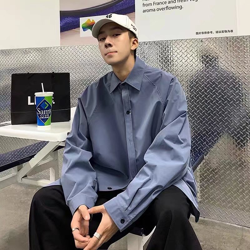 Áo Sơ Mi Trơn Tay Dài Dáng Rộng Thoáng Khí Phong Cách Hip Hop Đường Phố Hàn Quốc Cho Nam