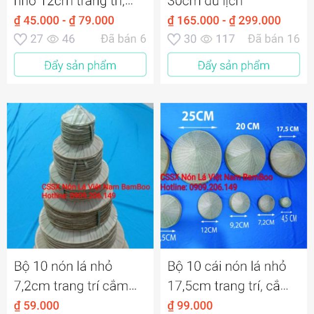 combo 5 nón 7,2cm và 5 nón 9,2cm