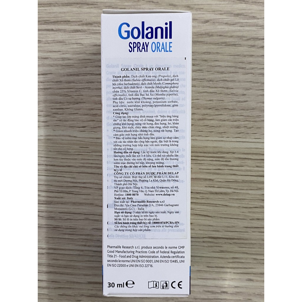 Golanil Spray Orale Người Lớn, Xịt Giảm Ho, Giảm Viêm, Giảm Đau Rát Họng (Chai 30ml) - Ý